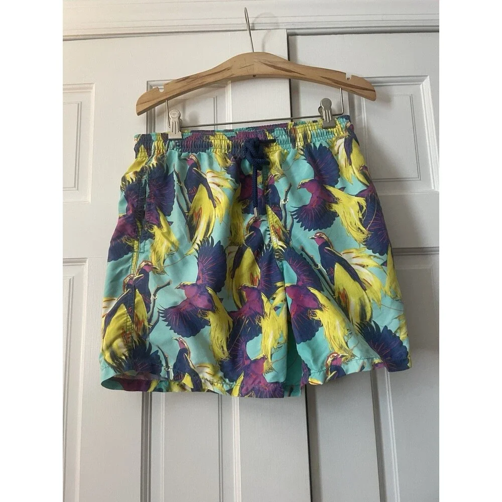 Vilebrequin Saint-Tropez Men's Swim Shorts Large Teal Purple Yellow Birds